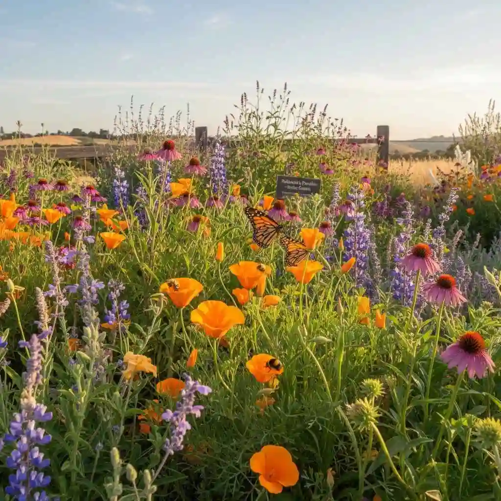 Pollinator-friendly native garden with bees and butterflies.