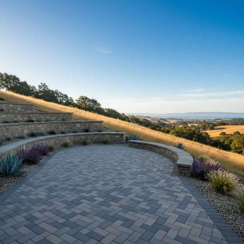 Stone retaining wall and paver patio on a sloped Bay Area property.