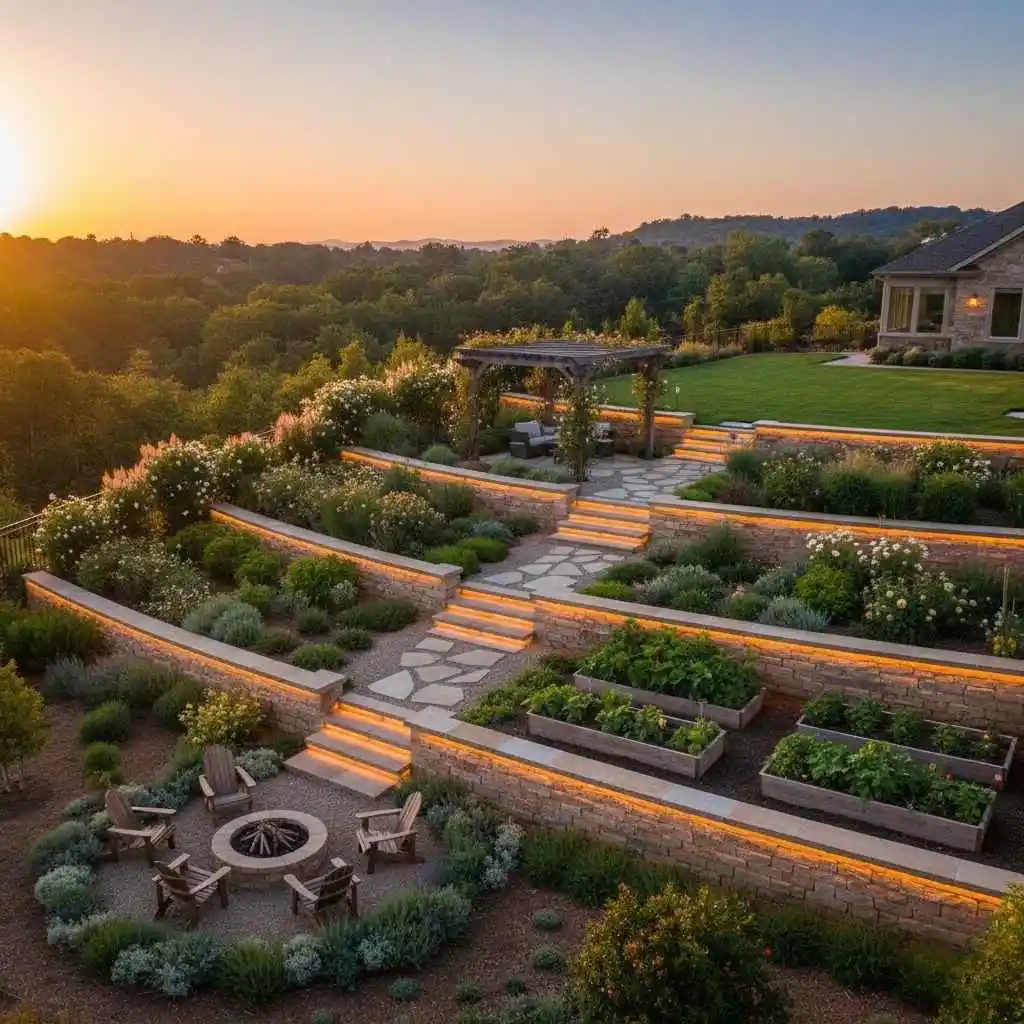 Tiered backyard with retaining walls and planting zones.