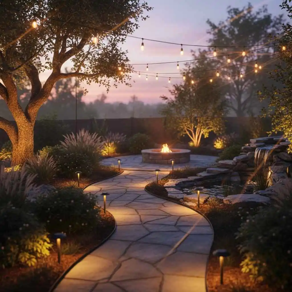 backyard softly illuminated with pathway and accent lighting