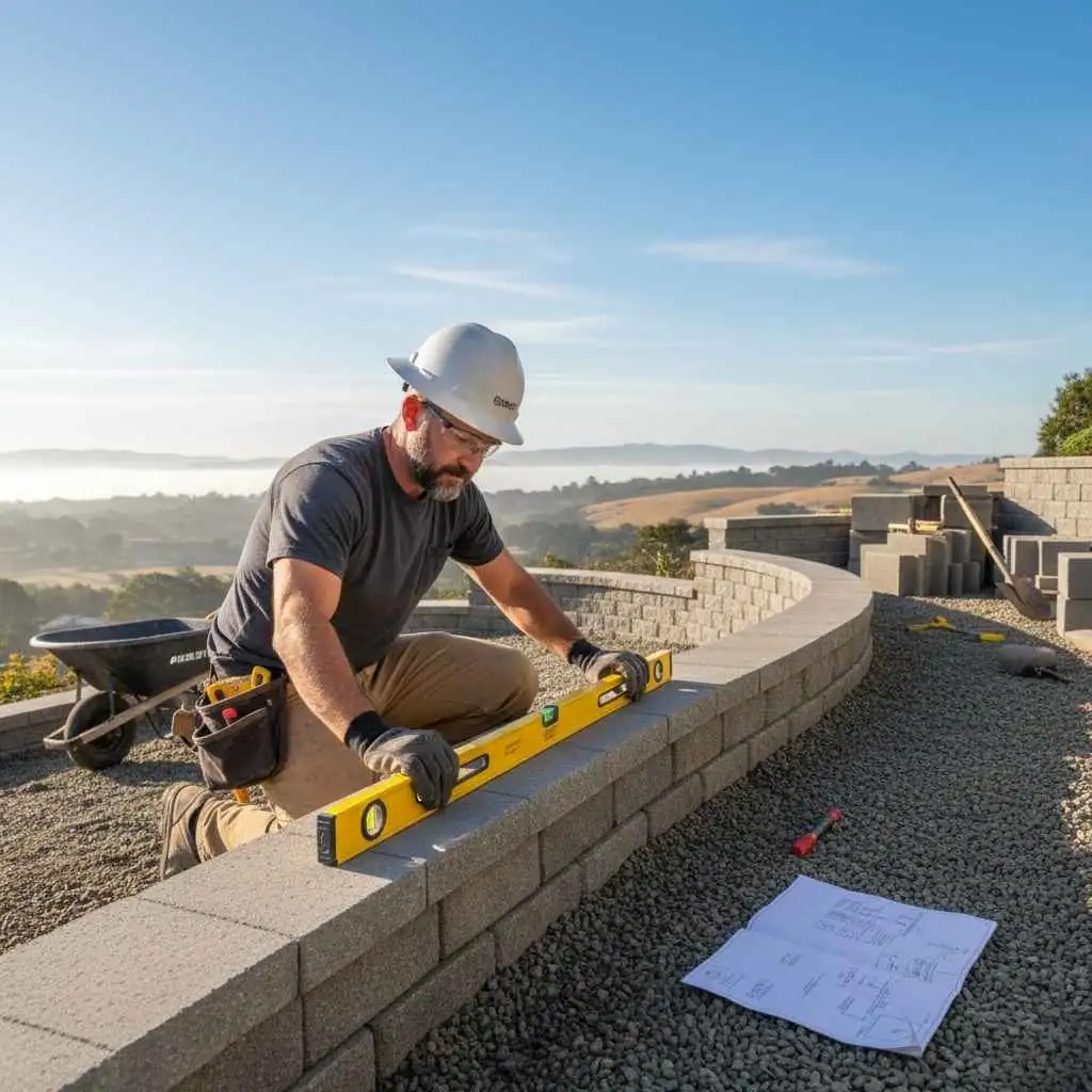 Contractor measuring and leveling blocks during wall installation.