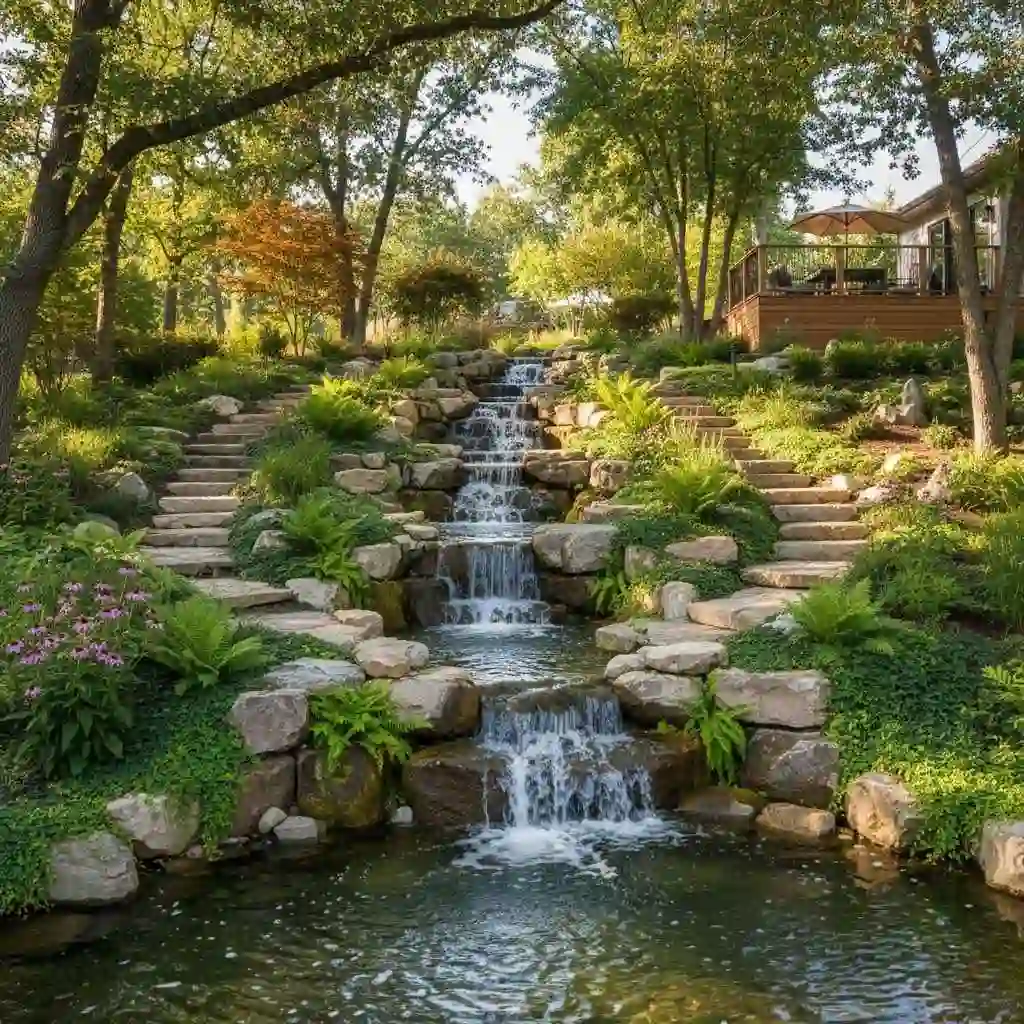 Custom waterfall feature integrated into a landscaped slope