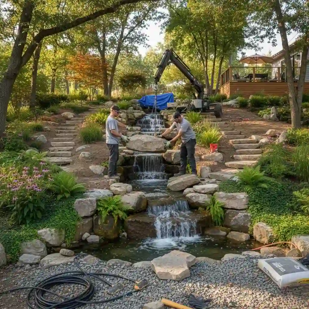 Professional landscapers installing a custom water feature