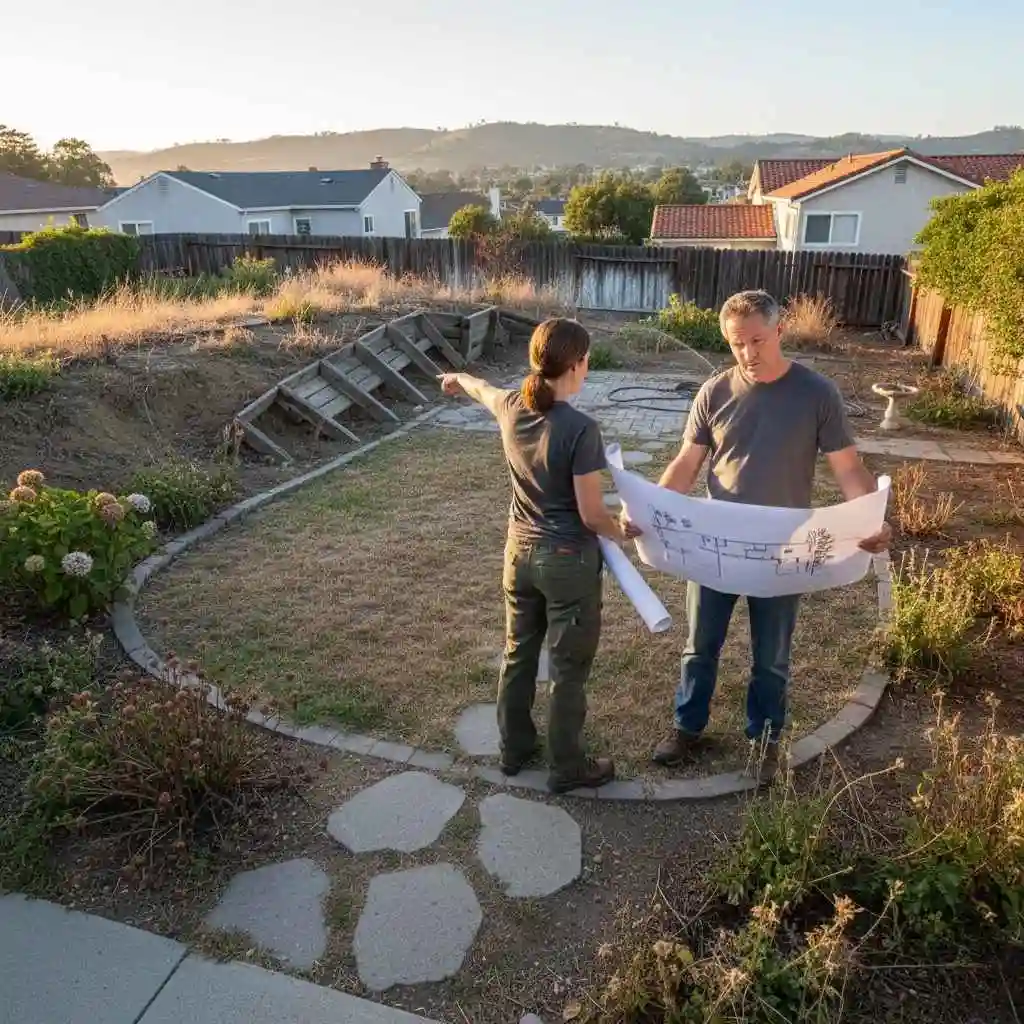 Landscape designer reviewing plans with homeowner