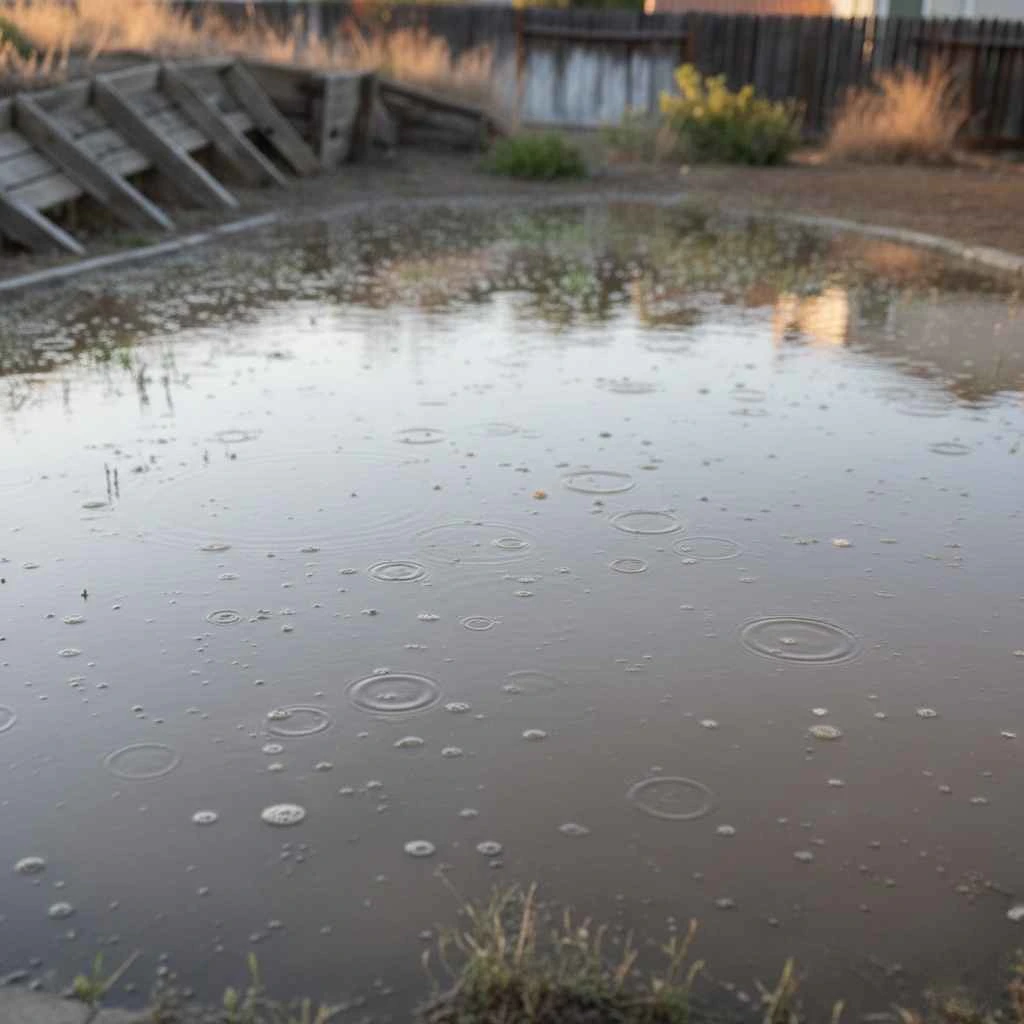Yard with visible pooling water after rain