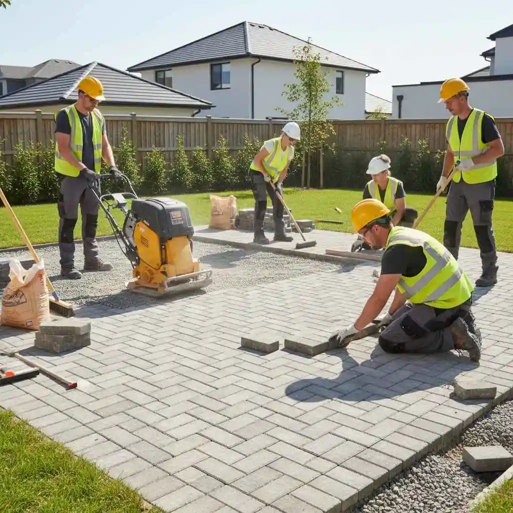 crew installing pavers