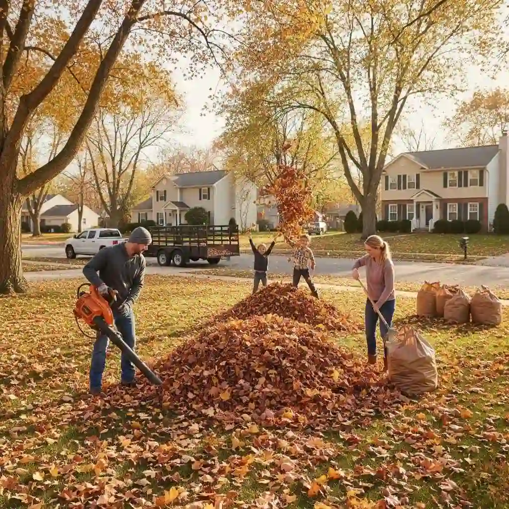 fall leaf cleanup in suburban yard