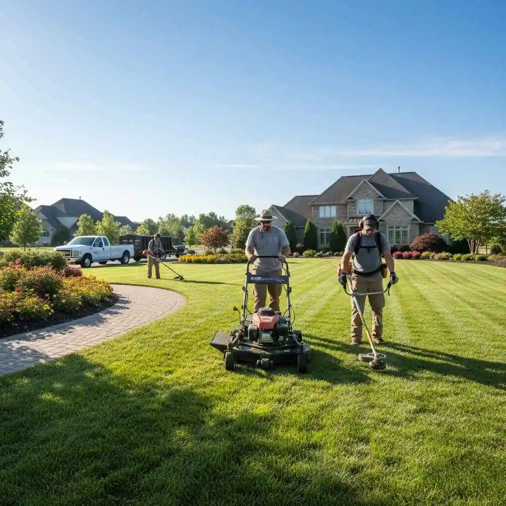  landscaping crew mowing and edging lawn