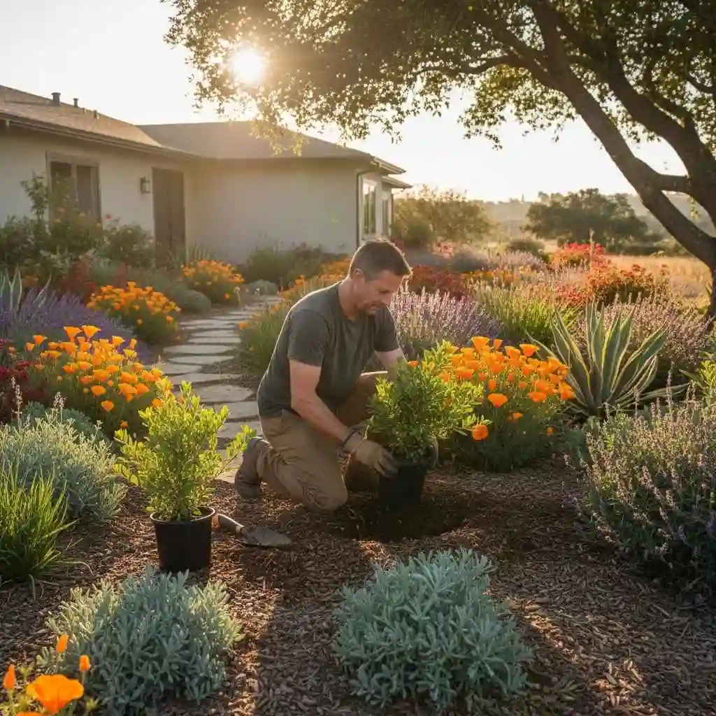 professional gardener planting shrubs in landscaped bed