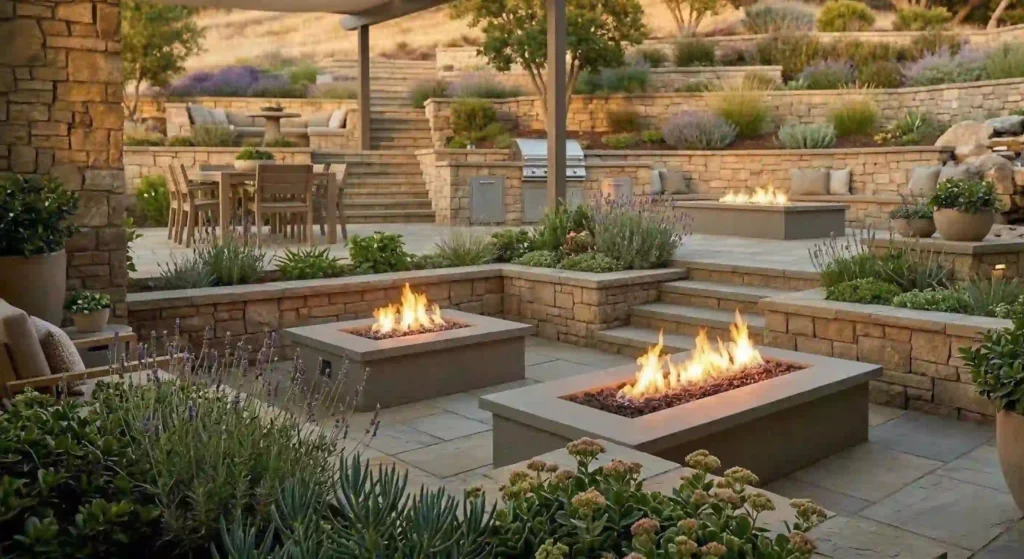 layered patio design with stone steps and seating areas.