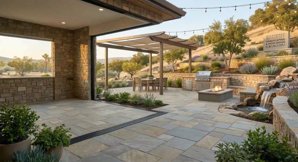 modern stone patio surrounded by greenery.