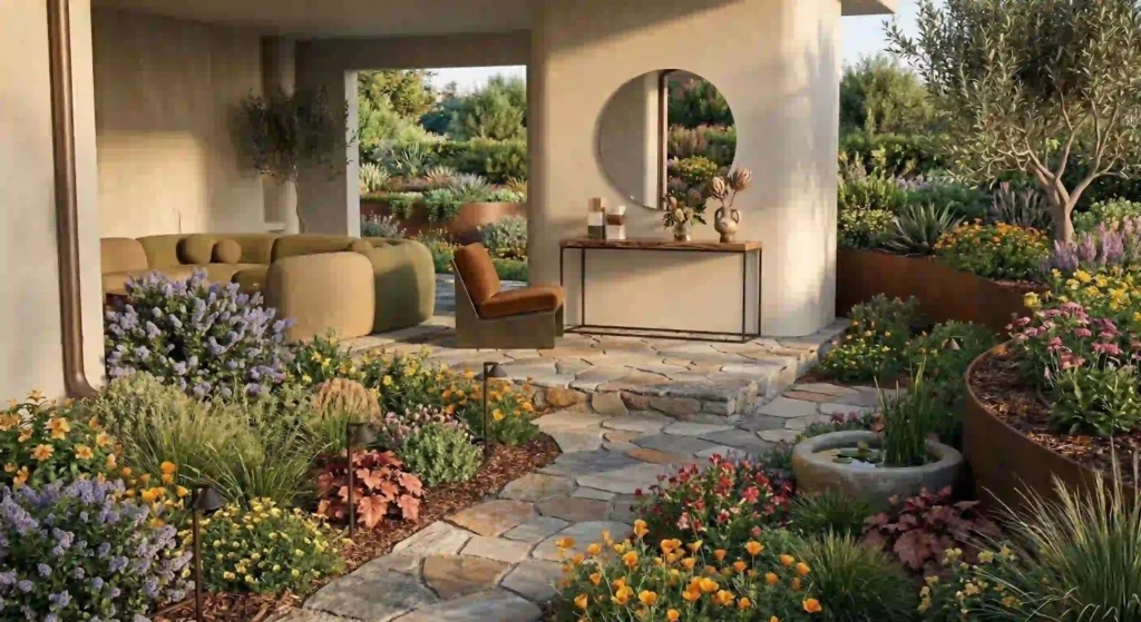 sustainable patio with natural stone and drought-tolerant plant beds