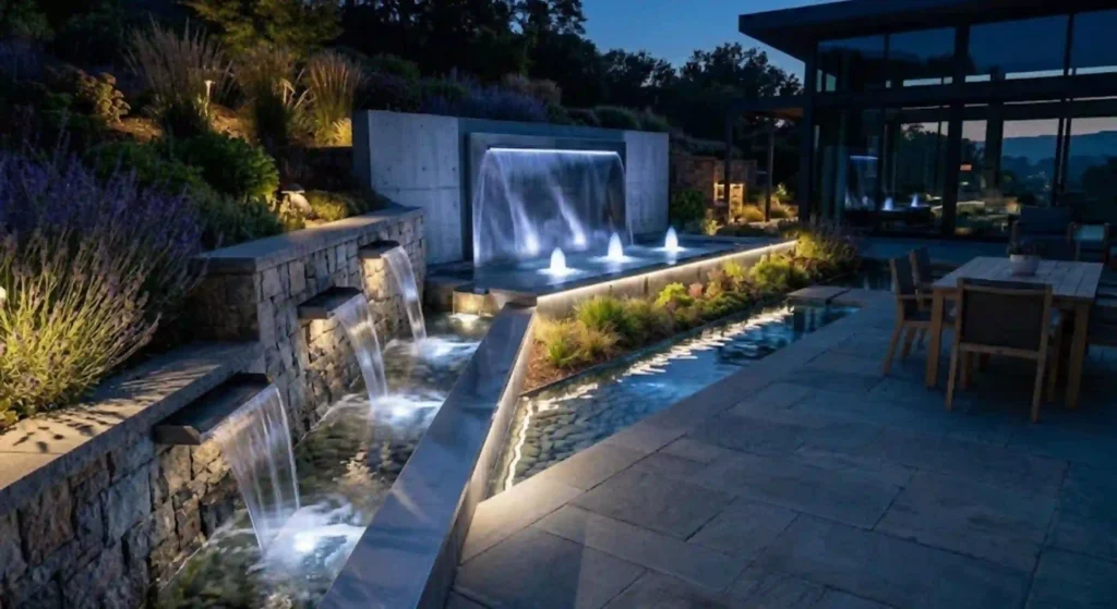 LED-lit nighttime water feature