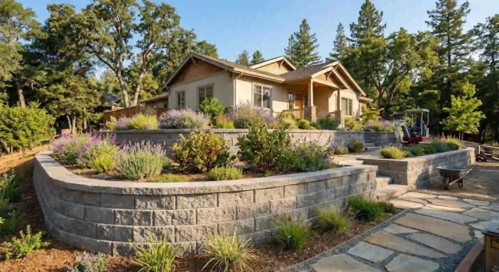 backyard slope transformed into a flat usable space with retaining wall
