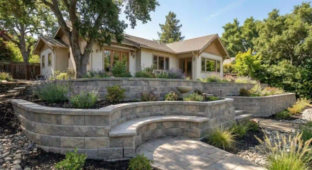 decorative retaining wall with integrated seating or garden design