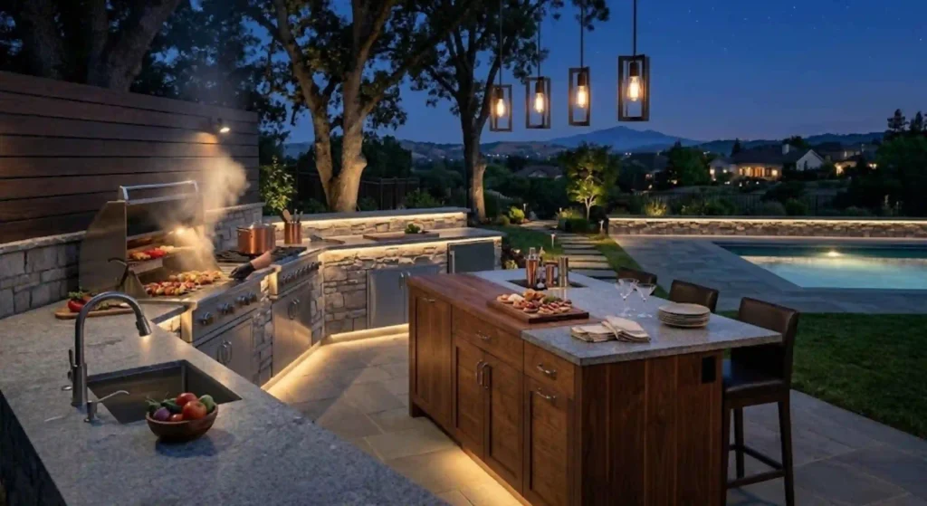 fully finished outdoor kitchen at night