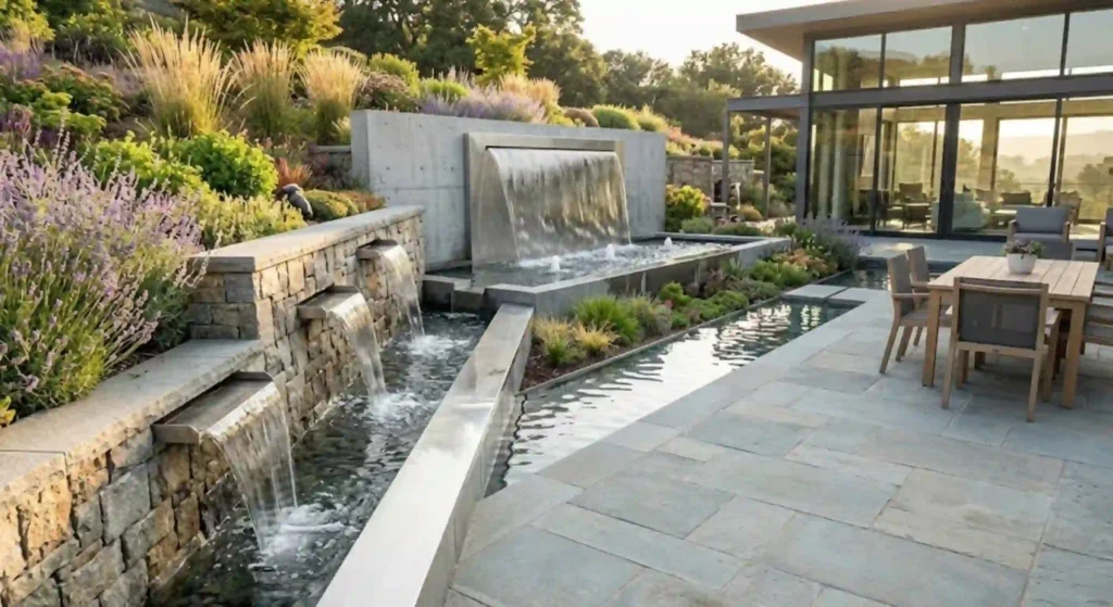 modern wall water feature in backyard