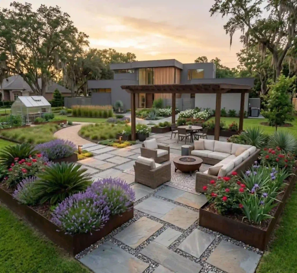 Backyard landscape redesign with outdoor living space in Lafayette.