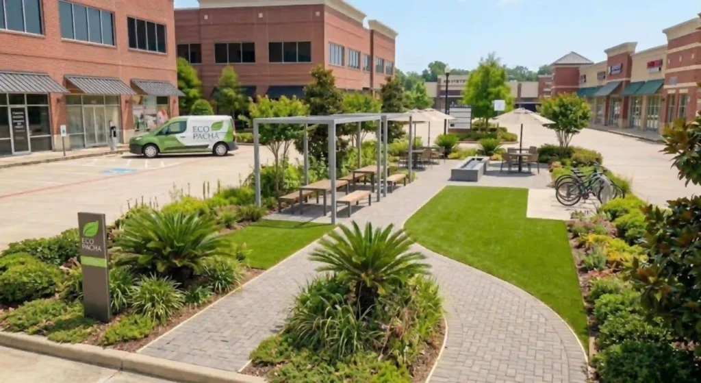 modern business with clean, green outdoor space
