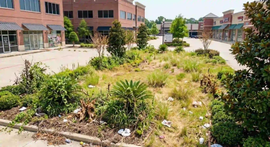 overgrown or poorly maintained commercial lawn