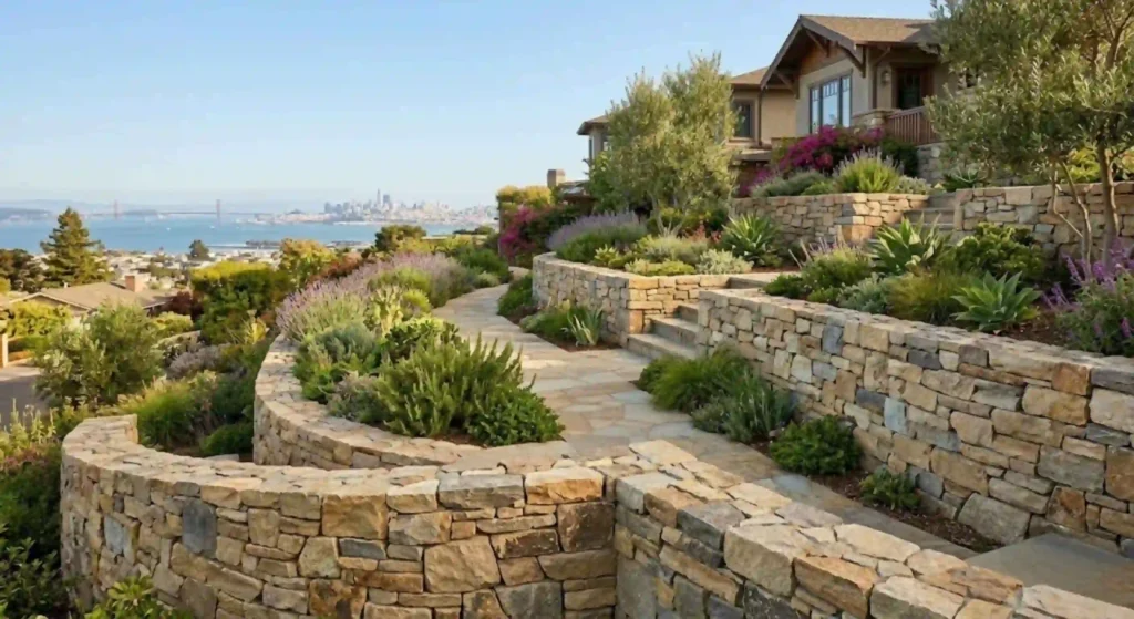 Completed retaining wall transforming sloped backyard in El Cerrito