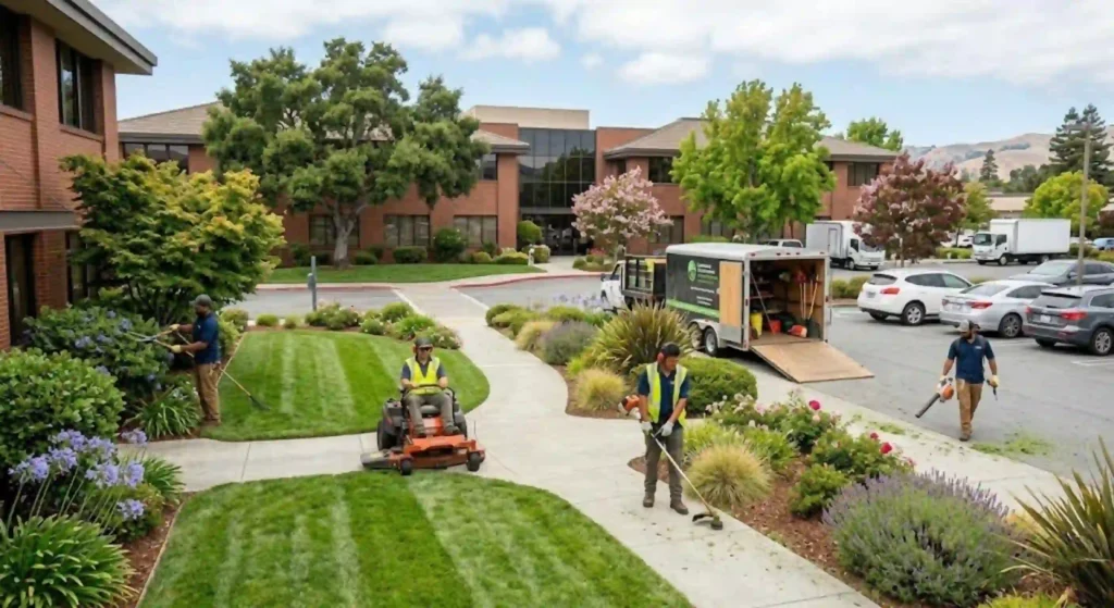 Landscape maintenance crew servicing a commercial property