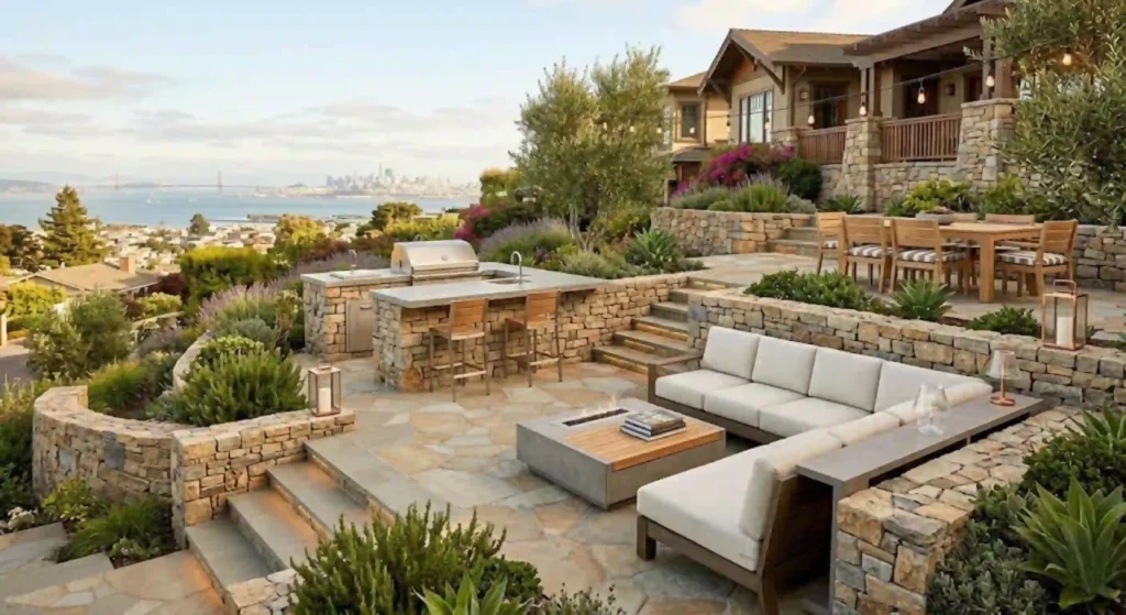 Stylish outdoor living space with natural stone retaining walls in El Cerrito