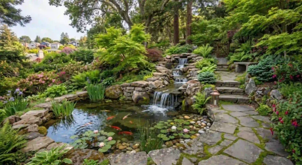 Custom waterfall and pond feature in an Oakland landscape.
