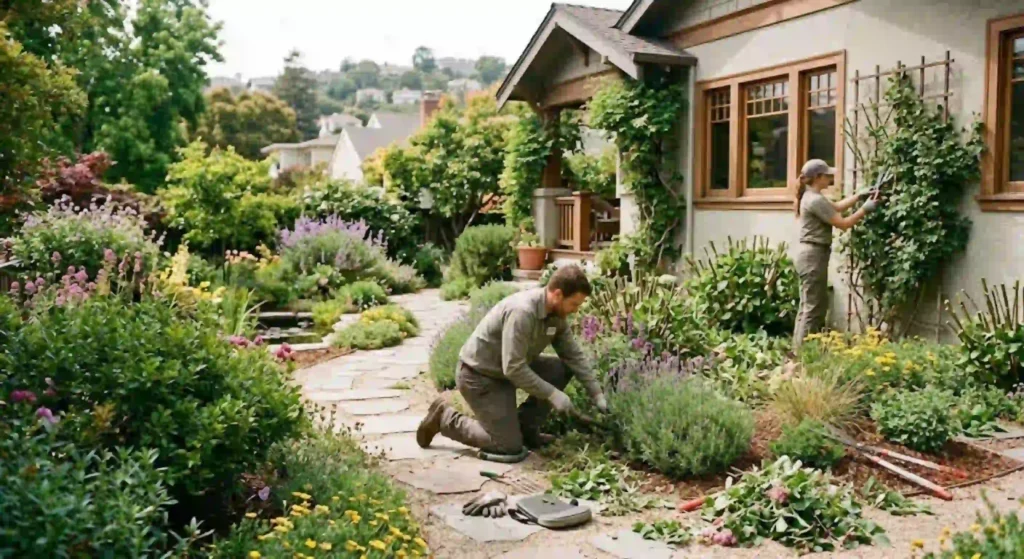 Professional garden maintenance team working in Oakland
