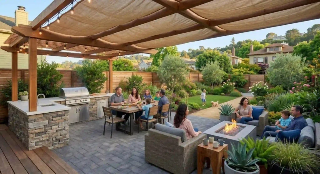 Custom pergola and outdoor seating area for an Oakland backyard